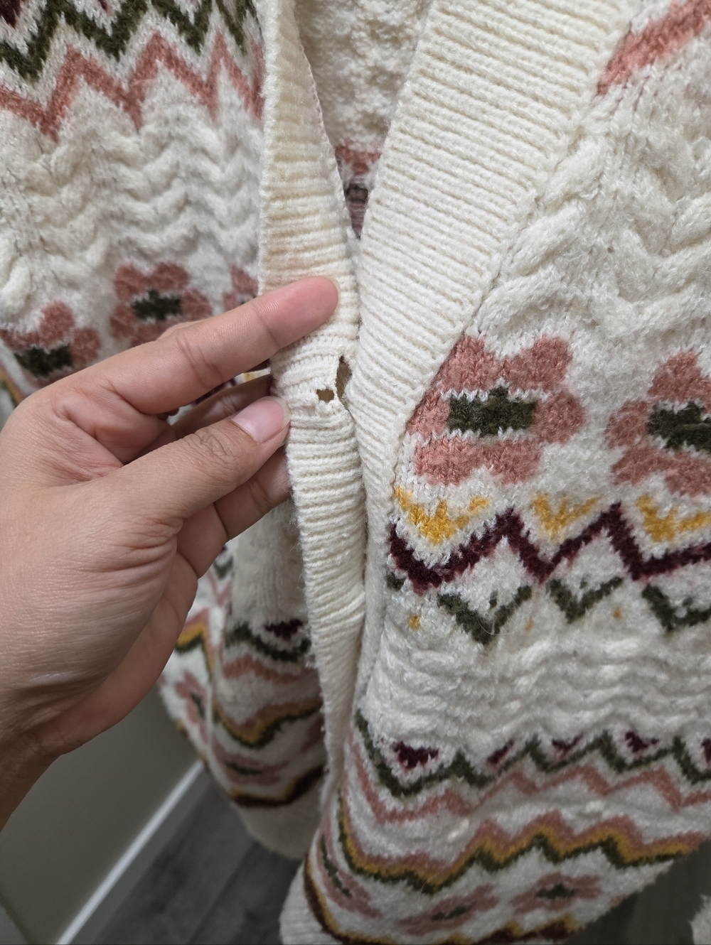 Dex Cream Patterned Chunky Knit Cardigan Boho Cottagecore Cozy Grandpa Style - Picture 10 of 11
